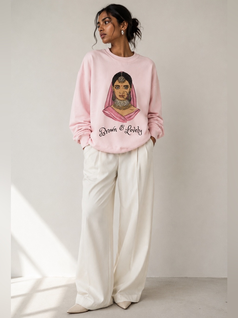 Pink “Brown & Lovely / Zero Sharam” South Asian Graphic Crewneck Sweatshirt – M